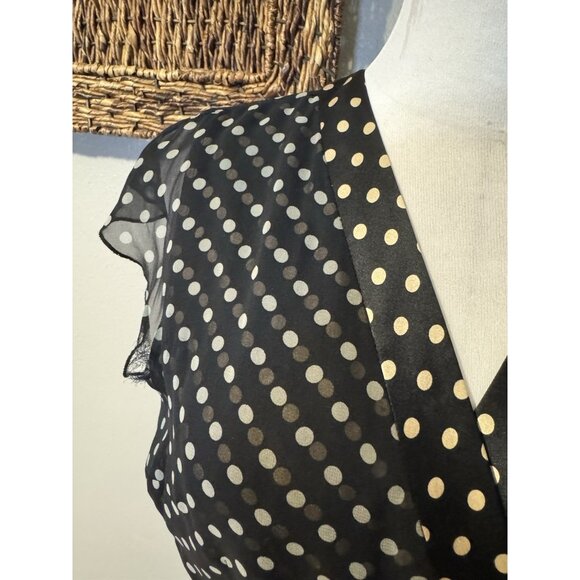 Etcetera Wrap Dress 6 Small Black Gold SILK Polka Dot Flutter Cap Sleeve - Picture 3 of 11